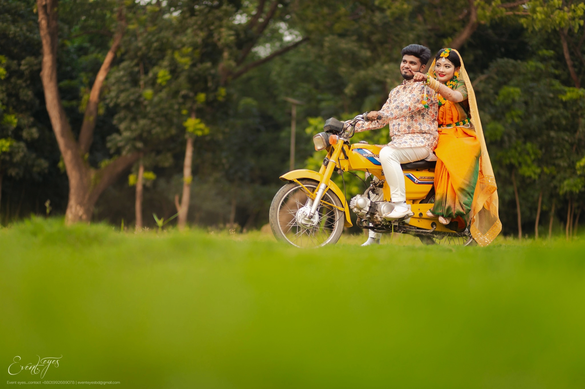 Couple on yellow motorcycle pre-wedding